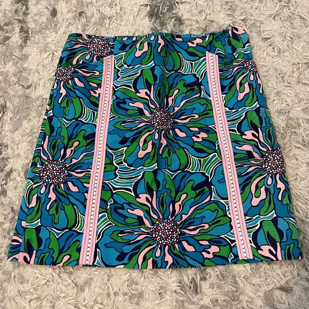 Lilly Pulitzer Pink Blue Floral Cotton Bright Summer Skirt Size 0